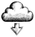 Hand drawn line art illustration of a cloud and arrow depicting data download for cloud computing services Royalty Free Stock Photo