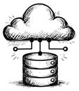 Hand drawn line art illustration of cloud and server depicting data connection for cloud computing technology Royalty Free Stock Photo