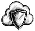 Hand drawn line art illustration of a cloud and shield depicting data security for cloud computing Royalty Free Stock Photo