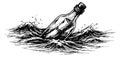 Hand drawn line art illustration of a message in a bottle depicting it floating on ocean waves for a communication theme Royalty Free Stock Photo