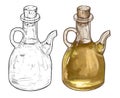 Hand drawn line art illustration of olive oil bottles. Two color