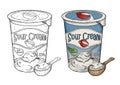 Hand drawn line art illustration of sour cream with wooden spoon