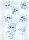 Hand drawn line art illustrations of cute cartoon sun characters on a plotting paper. Royalty Free Stock Photo