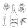 Hand drawn line art party icons vector set. Christmas celebration outlines icon set black white outline. Champagne bottle, wine Royalty Free Stock Photo