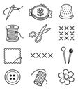 Hand drawn line art sewing and embroidery tools set featuring needles, thread, and scissors for craft projects Royalty Free Stock Photo