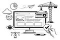 Hand drawn line art web development concept icons set featuring a computer screen, construction crane, and digital tools for Royalty Free Stock Photo
