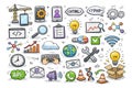Hand drawn line art web development technology icons set featuring mobile phones, programming code, gears, lightbulbs, charts, and Royalty Free Stock Photo