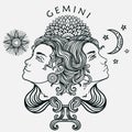 Hand drawn line art of zodiac gemini. Vector Royalty Free Stock Photo