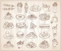 Hand drawn line graphic illustration of assorted food