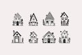 Hand drawn line houses. Doodle rural bungalows country houses cottages, simple black and white sketch icons. Vector Royalty Free Stock Photo