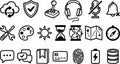Hand drawn line icon set close up grid of technology and navigation symbols on white background top down view monochrome Royalty Free Stock Photo