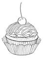 Hand-drawn line illustration of a cupcake covered with topping