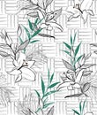 Hand drawn line lily flowers and leaves on geometric line texture seamless pattern vectr EPS10, Design for fashion,fabric,web,