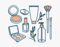 Hand drawn line vector icon set of makeup and cosmetics bottle, brushes. llustration of make up collection Royalty Free Stock Photo