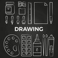 Hand drawn linear drawing stationery icons on chalkboard