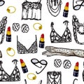 Hand drawn lined femine underwear and jewelry pattern lip stick Royalty Free Stock Photo