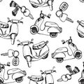 Hand drawn lined scooters and keyes with breloque pattern Royalty Free Stock Photo