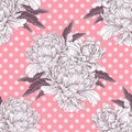 Hand drawn linen peony flower, vector seamless pattern, vintage illustration for design Royalty Free Stock Photo