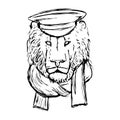 Hand Drawn Lion Head with Hat and Skarf. Lion Face. Vector