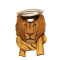 Hand Drawn Lion Head with Hat and Skarf. Lion Face. Vector