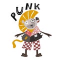 Hand drawn lion in punk rock style. Childish poster. Cute illustration for kids.