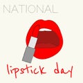Hand-drawn lips with lipstick with the inscription national lipstick day on white isolated background. 2d vector illustration