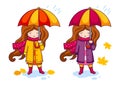 Hand drawn little girl with colorful umbrella and a big knitted scarf. Royalty Free Stock Photo
