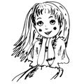 Hand drawn little girl with long hair and friendly smiling face Royalty Free Stock Photo