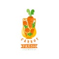 Hand drawn vector logo for organic carrot juice. Healthy vegetarian drink. Vegetable beverage in glass. Design for