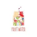 Hand drawn logo with fruit water in mason jar with berries.