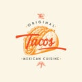Hand drawn logo tacos silhouette and modern vintage typography retro style vector illustration. Taco tortilla label for Royalty Free Stock Photo