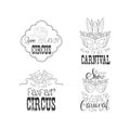 Hand drawn vector logos for circus or carnival. Sketch style emblems with elephant on stand, masquerade and theatrical