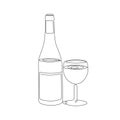 Hand drawn logo of wine bottle and glass, one line art, stylized continuous contour. Doodle, sketch style. Isolated. Vector Royalty Free Stock Photo