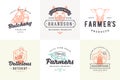 Hand drawn logos and labels farm animals with modern vintage typography hand drawn style set vector illustration. Royalty Free Stock Photo