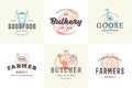 Hand drawn logos and labels farm animals with modern vintage typography hand drawn style set vector illustration. Royalty Free Stock Photo