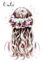 Hand drawn long hair girl in flower wreath. Brown hair. Cute curly hairstyle. Sketch.