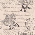 Hand drawn the Louvre, lettering Paris, Agra label with hand drawn the Taj Mahal, lettering Agra, faded text on beige background