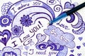 Hand drawn love doodles messages on paper with pen. Royalty Free Stock Photo