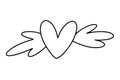 Hand drawn love heart with wings vector logo line illustration. Black outline. Element Monoline for Valentine Day banner Royalty Free Stock Photo