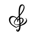 Hand drawn Love Music vector Logo treble clef and heart. Isolated on the white background Royalty Free Stock Photo