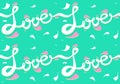 Hand drawn Love and pink flying petals on mint green background vector seamless pattern