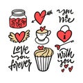 Hand drawn love set icons doodle style elements. Royalty Free Stock Photo