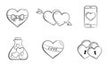 Hand drawn love symbols and valentines set. heart, flask, padlocks and smartphone. elements for valentine`s day design