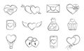 Hand drawn love and valentines icon set. love, heart and romantic symbols. sketchy elements for valentine`s day design Royalty Free Stock Photo