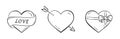 Hand drawn love and valentines symbols. hearts with arrow, heart with ribbon and bow. valentine`s day design