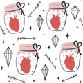 ValentineÃ¢â¬â¢s day romantic seamless vector pattern background illustration with human heart inside mason jar,