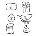 Hand drawn Loyalty card, incentive program vector icon set, earn bonus points for purchase, discount coupon, limited time period,