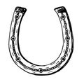 Hand drawn lucky horseshoe. Vintage vector engraving illustration for infographic, poster, logo or pictogram. Black on Royalty Free Stock Photo