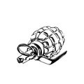 Hand drawn lying bomb grenade, ink drawing sketch weapon vector, black isolated illustration on white background. Military design Royalty Free Stock Photo