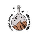 Hand drawn magic bottle for witchcraft, magical boho illustration, vase with mountains and moon inside. Bohemian sketch tattoo,